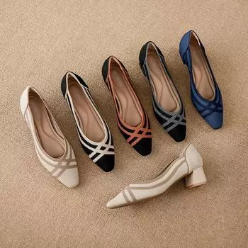 Женские туфли на высоком каблуке, вязаные, дышащие, квадратный каблук, красивая принцесса, нескользящая, резиновая подошва, удобная обувь 40 чёрный