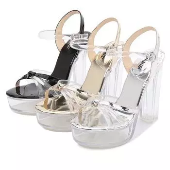 Женские туфли на высоком массивном каблуке с неглубоким рыбьим ртом и кристально чистой пряжкой, каблук 13 см, платформа 3,5 см WZ 35 чёрный