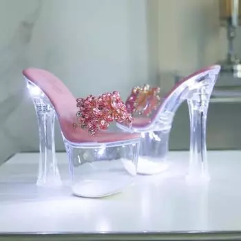 Женские туфли на высоком толстом каблуке со стразами, ночные клубные туфли, светящиеся туфли для подиума, туфли для танцев на шесте с кристаллами LFD-10367-A12 34 белый
