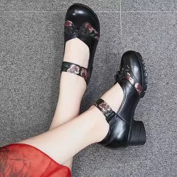 Женские туфли Нескользящие одинарные туфли Мягкая подошва Толстый каблук Туфли из коровьей кожи 35 чёрный