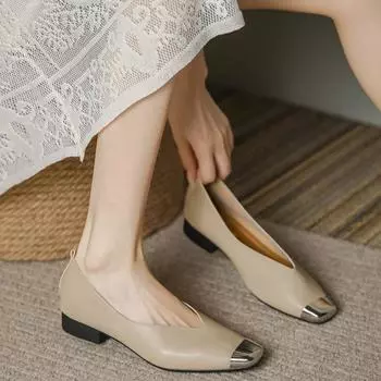 Женские туфли Новые туфли с квадратной металлической головкой Женские туфли на плоской подошве из натуральной кожи Zapatos Mujer 34