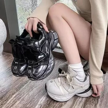 Женские туфли old dad на толстой подошве, весна 2025, новые универсальные повседневные туфли, увеличивающие рост, сетчатые дышащие кроссовки 35 чёрный