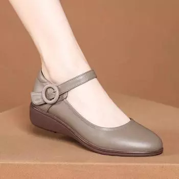 Женские туфли One-Word с танкеткой, мягкой поверхностью, мягкой подошвой, круглым носком, легким ртом, одинарные туфли, удобные маленькие кожаные туфли, сандалии 34 хаки