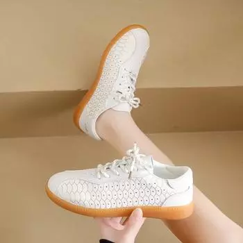 Женские туфли-оксфорды с вырезами, балетки для девочек, туфли на плоской подошве из натуральной кожи, мокасины со шнуровкой, летние сандалии 35