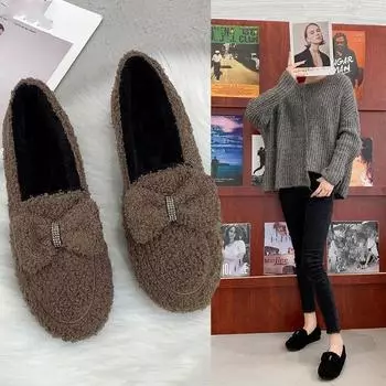 Женские туфли Peas Shoes из хлопка с бархатом, утолщенные теплые туфли с бантом из хлопка, повседневные и удобные туфли для женщин 41 чёрный