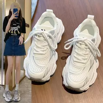 Женские туфли Pop Shoes Весенние и летние сетчатые туфли Женские дышащие сетчатые туфли Маленькие белые туфли с толстой подошвой Спортивная обувь 35 серебряный серый