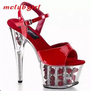 Женские туфли, прозрачные розовые босоножки, хрустальный высокий каблук, модель для танцев, высота 17 см, платформа 7 см, YKC 34 красный