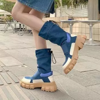 Женские туфли Rock Shoes Luxury Designer Flat Heel Boots - Women Round Toe Fashion 2024 Дамские осенние туфли Med Ankle Slip On Cotton Fabric Bas 35 синий