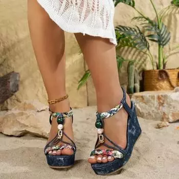 Женские туфли Rome, женские босоножки с открытым носком, повседневные босоножки больших размеров, женские туфли на резинке с принтом и высокой танкеткой 35