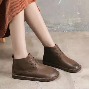 Женские туфли ручной работы из кожи, ретро-сапоги из коровьей кожи на плоской подошве 35 чёрный