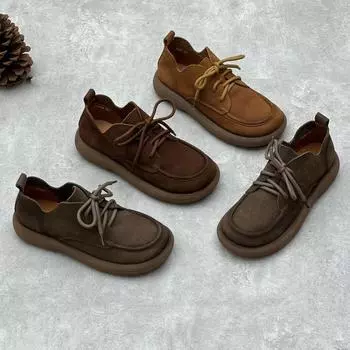 Женские туфли ручной работы из кожи, винтажные туфли с круглым носком на плоской подошве из мягкой воловьей кожи 35 серый