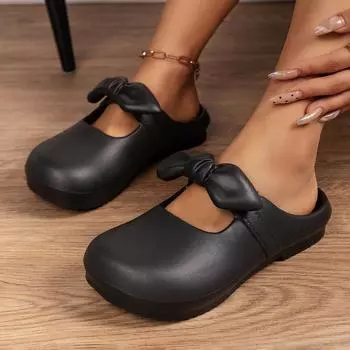 Женские туфли с бабочкой, тапочки, женские летние мюли, сексуальные низкие мокасины с закрытым носком, 2024, плоские квадратные резиновые туфли с бабочкой 35-36 чёрный