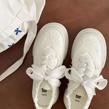 Женские туфли с бантом на высоком каблуке, женская обувь на платформе, парусиновые, на шнуровке, белые, 2024, новые, удобные, тренды, весна, AH 35