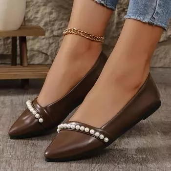 Женские туфли с бисером и шнуровкой, кожаные туфли на плоской подошве с острым носком, босиком, повседневные туфли на низком каблуке, сексуальные, новые, женские туфли на плоской подошве 36 коричневый