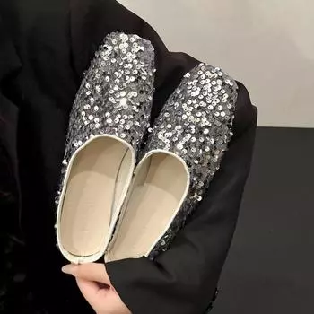 Женские туфли с блестками и толстым каблуком, полудраг-туфли, которые можно носить весной и летом 2024 года, новые модные универсальные повседневные тапочки на низком каблуке 35