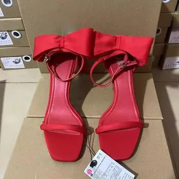 Женские туфли с красным атласным бантом, прямой ремешок, квадратный носок, тонкий каблук, высокий каблук 35 красный