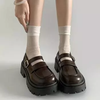 Женские туфли с круглым носком, туфли Мэри Джейн на толстой подошве, туфли на платформе и высоком каблуке, женские туфли-лодочки из искусственной кожи с пряжкой в стиле британского ретро-платья 35 чёрный