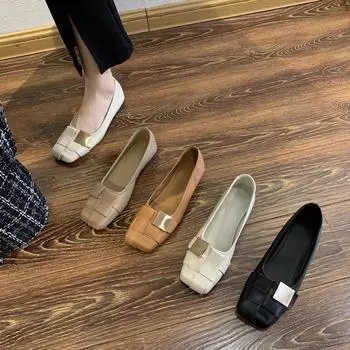 Женские туфли с квадратной головкой, новый нишевый дизайн лета 2025 года, плетеная металлическая пряжка, неглубокий вырез, мягкая подошва на низком каблуке, модные одинарные туфли 35 чёрный