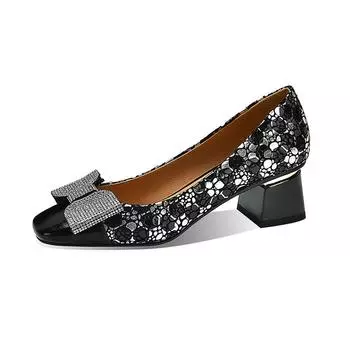 Женские туфли с квадратной головкой, толстые высокие каблуки с бантом, яркие бриллиантовые цвета, подходящие к городу, туфли для поездок на работу, легкие туфли-лодочки 34 чёрный