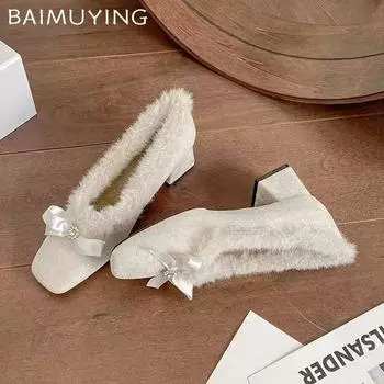 Женские туфли с квадратным носком и мелким каблуком, меховые, замшевые, с кристаллами, модные туфли на среднем каблуке Shaoes 2025 года, элегантные туфли-лодочки, зимние, Zapatos Mujer 35 покинуть белый