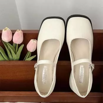 Женские туфли с квадратным носком и толстым каблуком. Женские осенние туфли на среднем каблуке с серебряной пряжкой и ремешком. Туфли Мэри Джейн. Женские туфли для офиса и офиса. 35