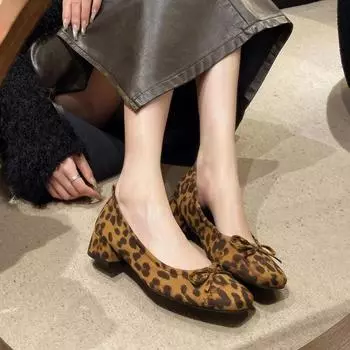 Женские туфли с леопардовым принтом, квадратная резиновая подошва, неглубокий носок, женская обувь 2024 года, дышащая обувь для дома и отдыха на природе One Kick 35 верблюд