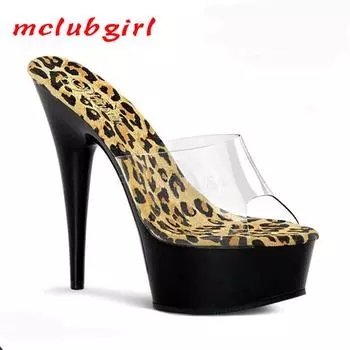 Женские туфли с леопардовым принтом, прозрачные босоножки с рисунком «рыбий рот», танцевальные туфли на тонком каблуке, каблук 15 см, платформа 5 см, YKC 34