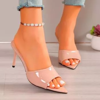 Женские туфли с открытым носком из блестящей кожи, простой стиль, популярный единичный товар, женская обувь, мода, подиум, T-stage, банкет, высокие каблуки 35