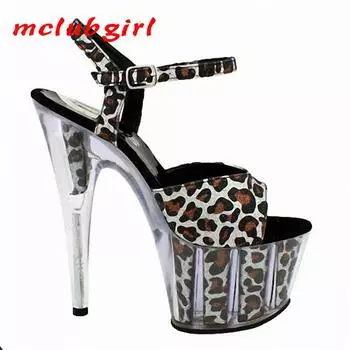 Женские туфли с открытым носком, на высоком каблуке, темпераментные, с леопардовым принтом, с кристаллами, танцевальные туфли, высота 17 см, платформа 7 см, YKC 34