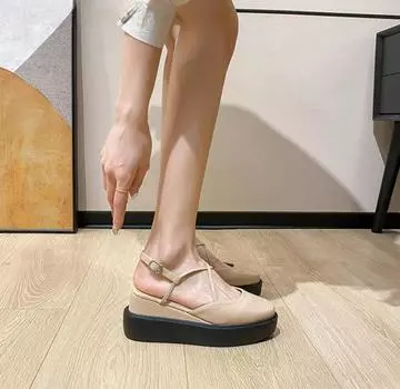 Женские туфли с пряжками, бежевые, на танкетке с платформой, водонепроницаемые, лето 2024 года, обувь на танкетке, босоножки для женщин, винтажная роскошь H 34