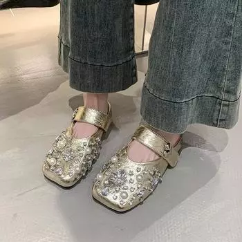 Женские туфли с пряжкой и ремешком, женские туфли на плоской подошве, модные, с бисером, ежедневные бестселлеры, женские туфли на плоской подошве, новые, с квадратным носком, на низком каблуке 35 серебряный
