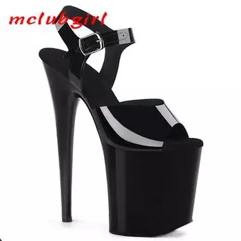 Женские туфли с пряжкой из кожи Fish Mouth, модные сандалии для взрослых, сексуальные танцевальные туфли, каблук 20 см, платформа 10 см, YKC 33 чёрный
