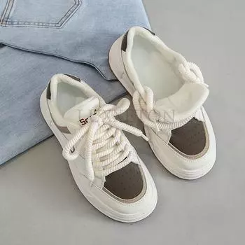 Женские туфли с толстой подошвой и высоким каблуком из кожи - модные и универсальные, дышащие, удобные, на шнуровке, для повседневного катания на доске 35 бежевый