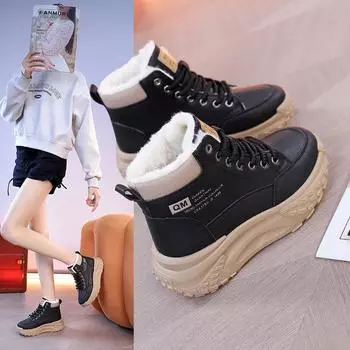 Женские туфли с высоким берцем на толстой подошве, осенне-зимние, новые, утолщенные бархатные, универсальные, спортивные и для отдыха, теплые хлопковые туфли 35 чёрный