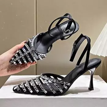 Женские туфли с закрытым носком женские босоножки в римском стиле сандалии женские с кристаллами на щиколотке с пряжкой на ремешке тонкие высокие каблуки женские 35