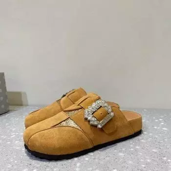 Женские туфли с закрытым носком женские тапочки римские повседневные тапочки женские кристалл пряжка круглый носок блестящие плоские туфли женские 35