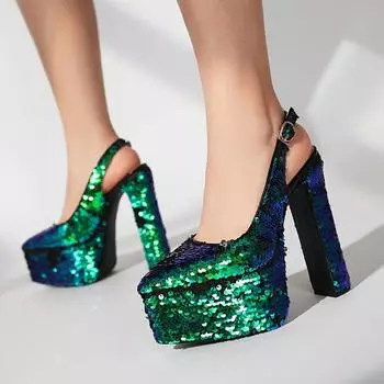 Женские туфли с золотыми и зелеными пайетками, сексуальные туфли на высоком каблуке и массивной платформе, блестящие серебристые туфли с блестками белого цвета 34