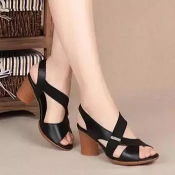 Женские туфли Сандалии Модные офисные сандалии Женские туфли с круглым носком на толстом каблуке в римском стиле Женские туфли на высоком каблуке 35 чёрный
