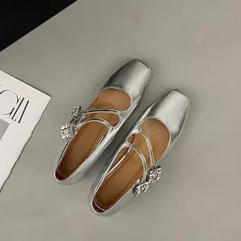 Женские туфли Серебристые туфли Мэри Джейн Весна и лето Квадратные туфли со стразами Толстый каблук Одинарные туфли 35 серебряный