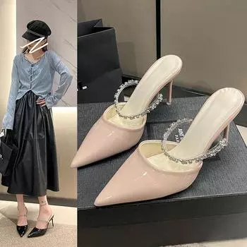 Женские туфли-шлепанцы на шпильке с острым носком и французскими стразами - Коллекция Лето 2023 38 чёрный