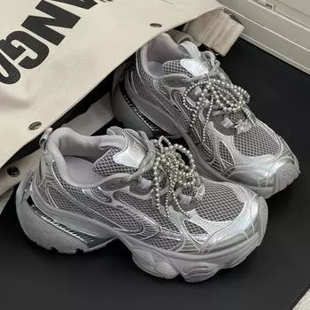 Женские туфли Silver Mesh Dad Shoes весна-лето 2025 г. – натуральная кожа, толстая подошва, легкие, увеличивают рост, универсальные, модные, повседневная спортивная обувь Size 39 серебряный