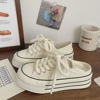 Женские туфли-слипоны на толстой подошве из молочно-белой парусины Z - шикарный весенне-летний дизайн