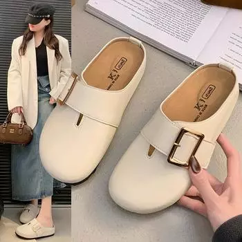 Женские туфли тапочки женские летние бежевые босоножки на каблуке шлепанцы закрытый носок черные ретро тапочки женские летние туфли бежевый каблук 35