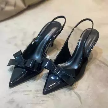 Женские туфли TRAF из черной кожи с бантом на высоком каблуке, сексуальные туфли-шпильки с острым носком, летние модные туфли-лодочки 2024 года, сексуальные босоножки без задника 36