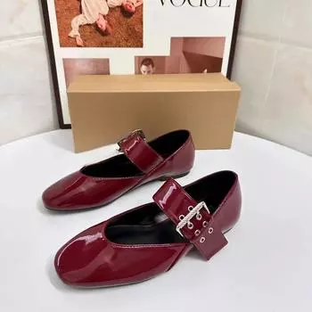 Женские туфли TRAF из красной кожи Мэри Джейн на плоской подошве с круглым носком и металлической пряжкой, широкий ремешок, осенняя удобная обувь для активного отдыха на мягкой подошве 2024 года 36