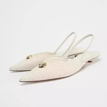 Женские туфли TRAF с белой текстурой на низком каблуке, элегантные, с острым носком, с открытой пяткой, шикарные, с золотыми пуговицами, удобные туфли-лодочки 36