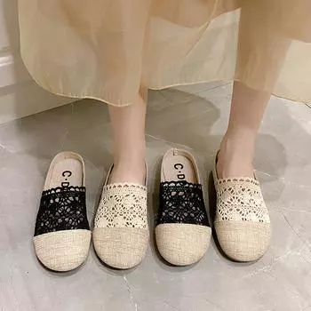 Женские туфли, туфли на плоской подошве, женские тапочки, роскошные тапочки, кружевные накладки на носки, низкие тапочки, дизайнерские летние 35 бежевый