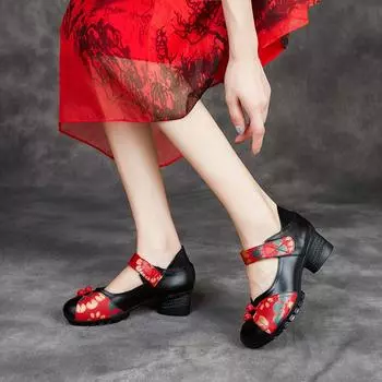 Женские туфли в этническом стиле с толстой подошвой на каблуке и мягкой подошвой с липучкой на липучке из коровьей кожи, нескользящие, износостойкие кожаные туфли 34 красный