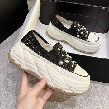 Женские туфли в классическом стиле с толстой подошвой, новые осенние туфли с одним педальным механизмом, универсальные туфли для отдыха на платформе со стразами белого цвета 34