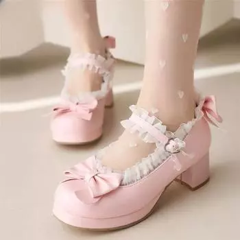 Женские туфли в стиле Лолита на среднем каблуке из лакированной кожи с милым бантом Туфли Мэри Джейн для невесты, свадьбы, косплея, вечеринки, красного, розового, черного, зеленого цвета, размер 31-43 33 чёрный